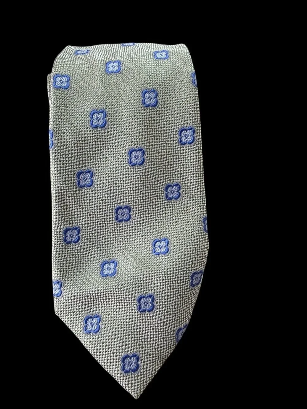 Peter Millar Handfolded Silk Tie Sage Green Blue Medallion Woven Texture 3.25x60